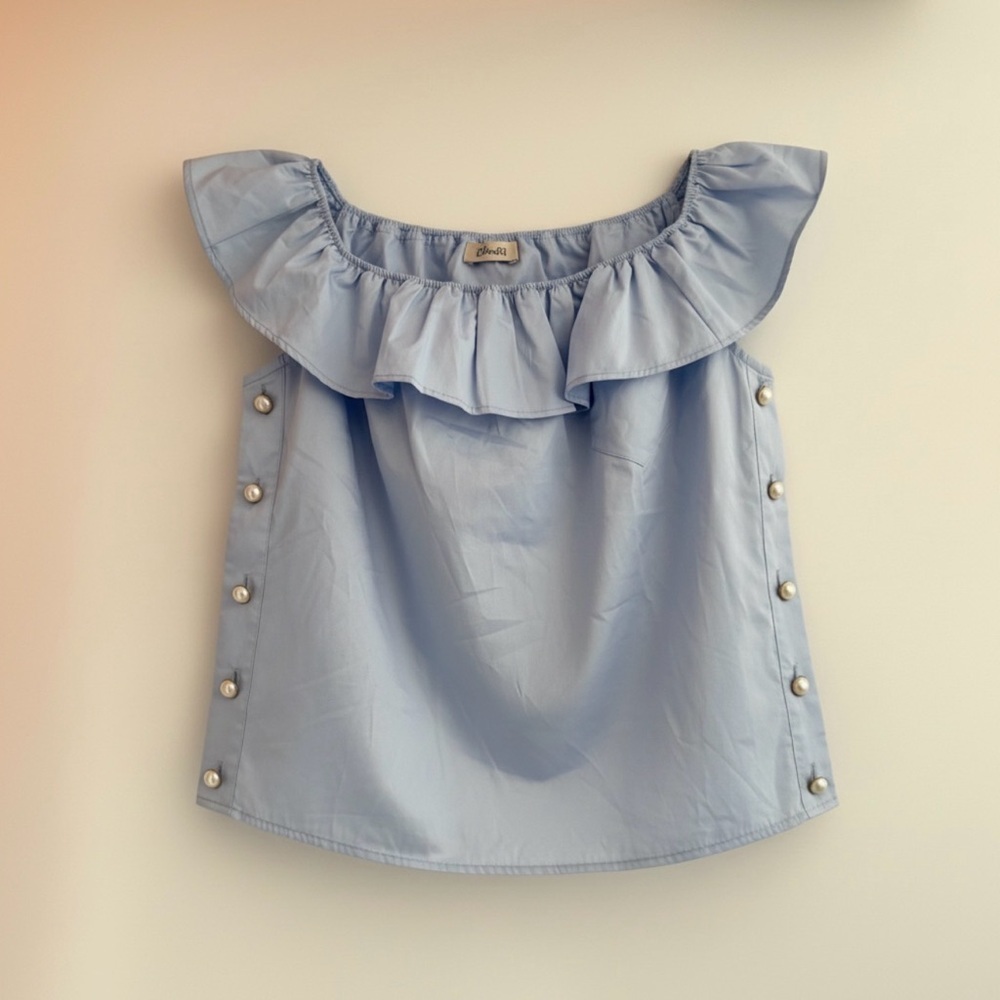 Baum und pferdgarten Light Blue Ruffle Off-Shoulder Top pearls detail size 10